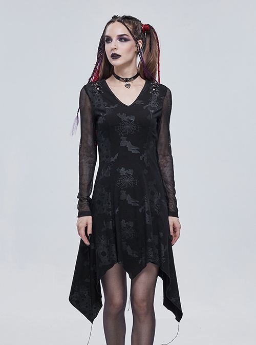 Gothic Style Torn Print Pattern Shoulder Hollow Stitching Mesh Long Sleeve Black V Neck Slit Dress