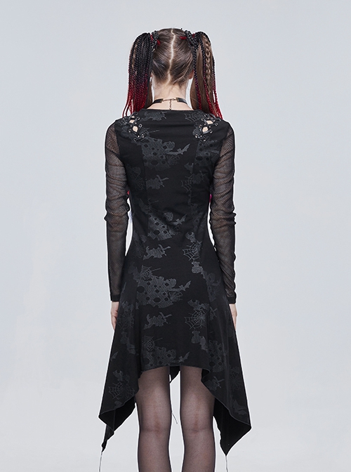 Gothic Style Torn Print Pattern Shoulder Hollow Stitching Mesh Long Sleeve Black V Neck Slit Dress