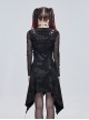 Gothic Style Torn Print Pattern Shoulder Hollow Stitching Mesh Long Sleeve Black V Neck Slit Dress