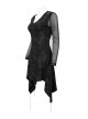 Gothic Style Torn Print Pattern Shoulder Hollow Stitching Mesh Long Sleeve Black V Neck Slit Dress