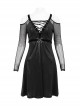 Punk Style Sexy Mesh Long Sleeve V Neck Splicing Elastic Shiny Knitted Front Center Five Pointed Star Decorated Black Dress