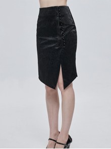 Gothic Style Exquisite Pattern Leather Fabric Black Slim Slit Hip Skirt