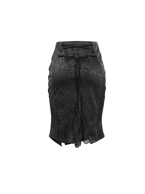 Gothic Style Exquisite Pattern Leather Fabric Black Slim Slit Hip Skirt