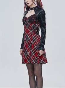 Gothic Style Knitted Grid Pattern Stitching Hollow Long Sleeves Front Center Metal Five Pointed Star Decoration Black And Red Applique Dress