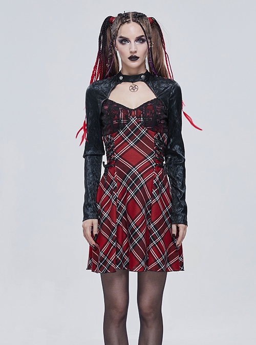 Gothic Style Knitted Grid Pattern Stitching Hollow Long Sleeves Front Center Metal Five Pointed Star Decoration Black And Red Applique Dress