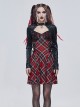 Gothic Style Knitted Grid Pattern Stitching Hollow Long Sleeves Front Center Metal Five Pointed Star Decoration Black And Red Applique Dress