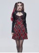 Gothic Style Knitted Grid Pattern Stitching Hollow Long Sleeves Front Center Metal Five Pointed Star Decoration Black And Red Applique Dress