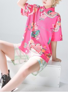 Summer Peach Pink Seaside Beach Sweet Cool Ouji Fashion Daily Vintage Print Loose Short Sleeves Shirt