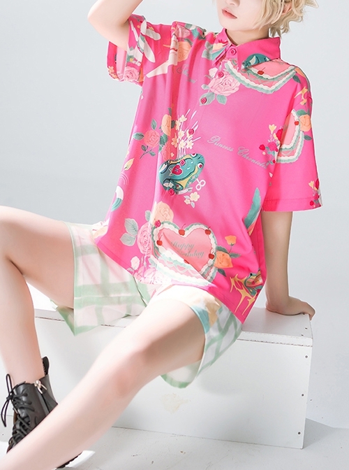 Summer Peach Pink Seaside Beach Sweet Cool Ouji Fashion Daily Vintage Print Loose Short Sleeves Shirt