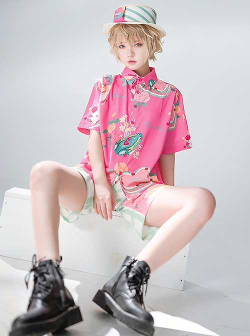 Summer Peach Pink Seaside Beach Sweet Cool Ouji Fashion Daily Vintage Print Loose Short Sleeves Shirt