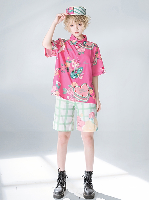 Summer Peach Pink Seaside Beach Sweet Cool Ouji Fashion Daily Vintage Print Loose Short Sleeves Shirt