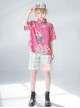 Summer Peach Pink Seaside Beach Sweet Cool Ouji Fashion Daily Vintage Print Loose Short Sleeves Shirt