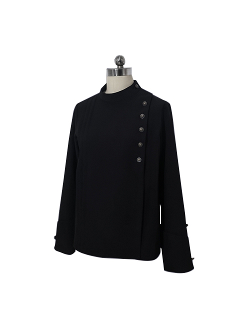 Spring Autumn Ouji Fashion Black Vintage Chinese Side Placket Elegant Prince Style Shirt Blouse Long Sleeve Top