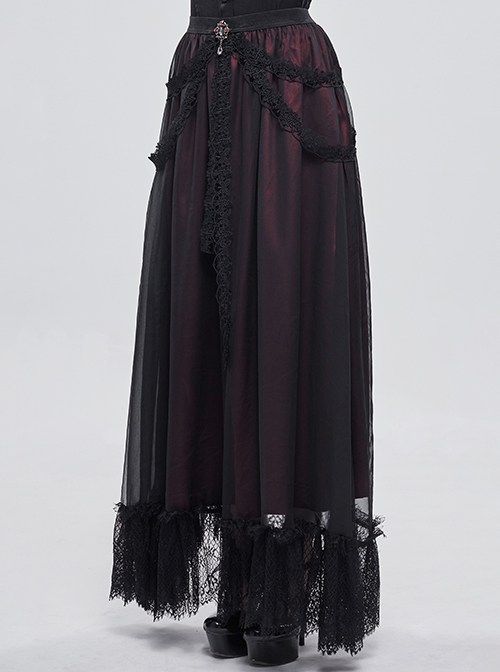 Gothic Chiffon With Exquisite And Comfortable Lining And Side Butterfly Lace Decoration Black And Red Long Skirt