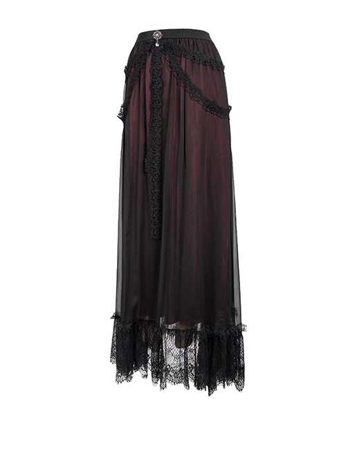 Gothic Chiffon With Exquisite And Comfortable Lining And Side Butterfly Lace Decoration Black And Red Long Skirt