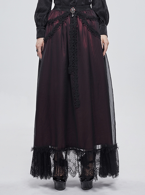 Gothic Chiffon With Exquisite And Comfortable Lining And Side Butterfly Lace Decoration Black And Red Long Skirt