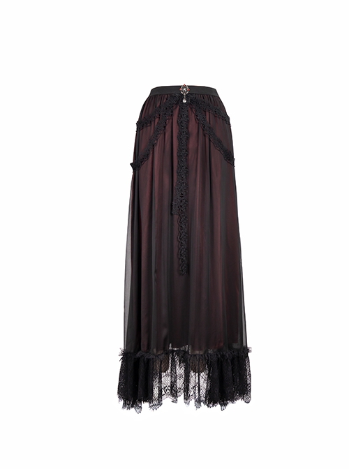 Gothic Chiffon With Exquisite And Comfortable Lining And Side Butterfly Lace Decoration Black And Red Long Skirt