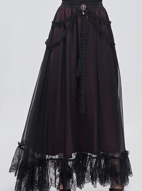 Gothic Chiffon With Exquisite And Comfortable Lining And Side Butterfly Lace Decoration Black And Red Long Skirt