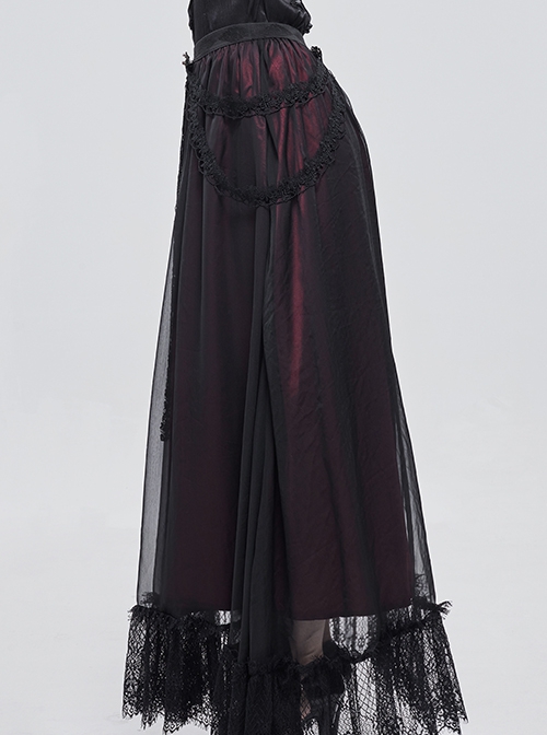 Gothic Chiffon With Exquisite And Comfortable Lining And Side Butterfly Lace Decoration Black And Red Long Skirt