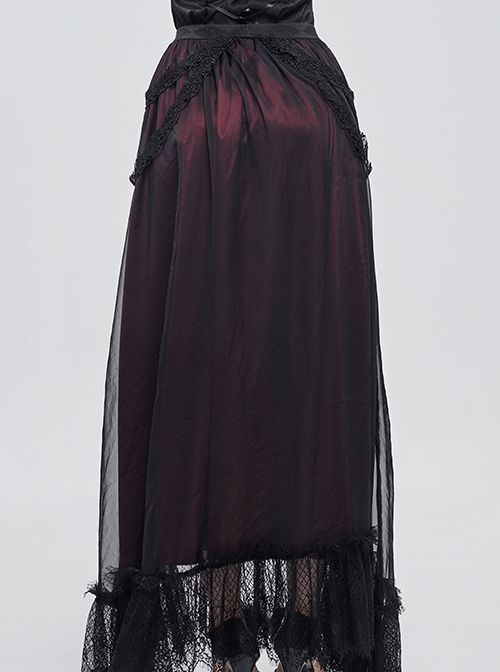 Gothic Chiffon With Exquisite And Comfortable Lining And Side Butterfly Lace Decoration Black And Red Long Skirt