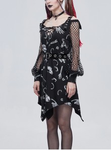 Gothic Style Skull Print Pattern Patchwork Mesh Long Sleeves Adjustable Straps Black Daily Loose Dress