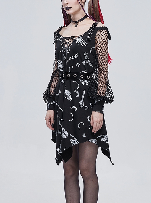 Gothic Style Skull Print Pattern Patchwork Mesh Long Sleeves Adjustable Straps Black Daily Loose Dress