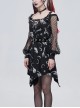 Gothic Style Skull Print Pattern Patchwork Mesh Long Sleeves Adjustable Straps Black Daily Loose Dress