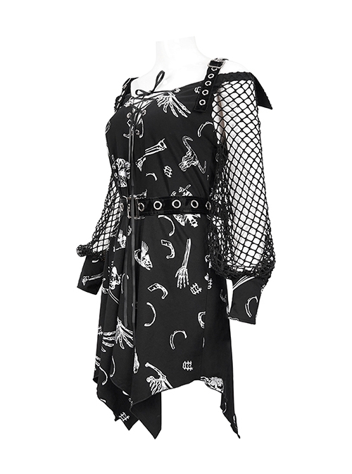 Gothic Style Skull Print Pattern Patchwork Mesh Long Sleeves Adjustable Straps Black Daily Loose Dress