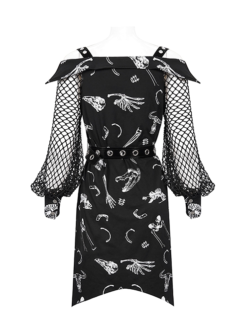 Gothic Style Skull Print Pattern Patchwork Mesh Long Sleeves Adjustable Straps Black Daily Loose Dress