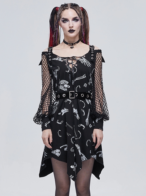 Gothic Style Skull Print Pattern Patchwork Mesh Long Sleeves Adjustable Straps Black Daily Loose Dress