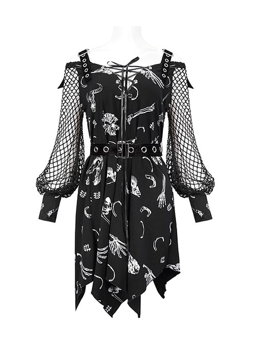 Gothic Style Skull Print Pattern Patchwork Mesh Long Sleeves Adjustable Straps Black Daily Loose Dress