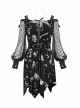 Gothic Style Skull Print Pattern Patchwork Mesh Long Sleeves Adjustable Straps Black Daily Loose Dress