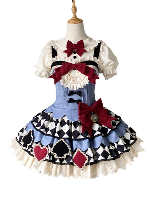 Spade Fairy Tale Series Playing Cards Bowknot Alice Cute Pocket Watch Sweet Lolita Lace Ruffles Sleeveless Dress