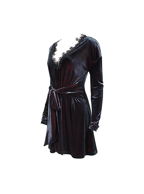 Gothic Style Soft Velvet Front Lace V Neck Black And Red Long Sleeved Dress