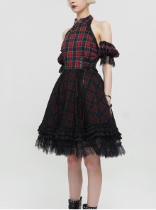 Punk Style Vibrant Grid Pattern With Lace Mesh Black And Red Off The Shoulder Short Sleeved Dress