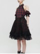 Punk Style Vibrant Grid Pattern With Lace Mesh Black And Red Off The Shoulder Short Sleeved Dress