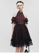 Punk Style Vibrant Grid Pattern With Lace Mesh Black And Red Off The Shoulder Short Sleeved Dress