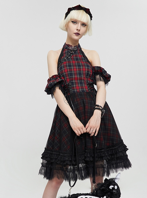 Punk Style Vibrant Grid Pattern With Lace Mesh Black And Red Off The Shoulder Short Sleeved Dress