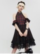 Punk Style Vibrant Grid Pattern With Lace Mesh Black And Red Off The Shoulder Short Sleeved Dress