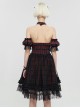 Punk Style Vibrant Grid Pattern With Lace Mesh Black And Red Off The Shoulder Short Sleeved Dress