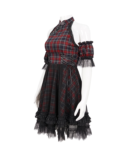 Punk Style Vibrant Grid Pattern With Lace Mesh Black And Red Off The Shoulder Short Sleeved Dress