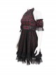 Punk Style Vibrant Grid Pattern With Lace Mesh Black And Red Off The Shoulder Short Sleeved Dress