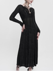 Gothic Style Elastic Dark Knitted Symmetrical Appliqué Lace Up On The Chest With Double-Breasted Black Long Sleeved Dress