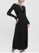 Gothic Style Elastic Dark Knitted Symmetrical Appliqué Lace Up On The Chest With Double-Breasted Black Long Sleeved Dress