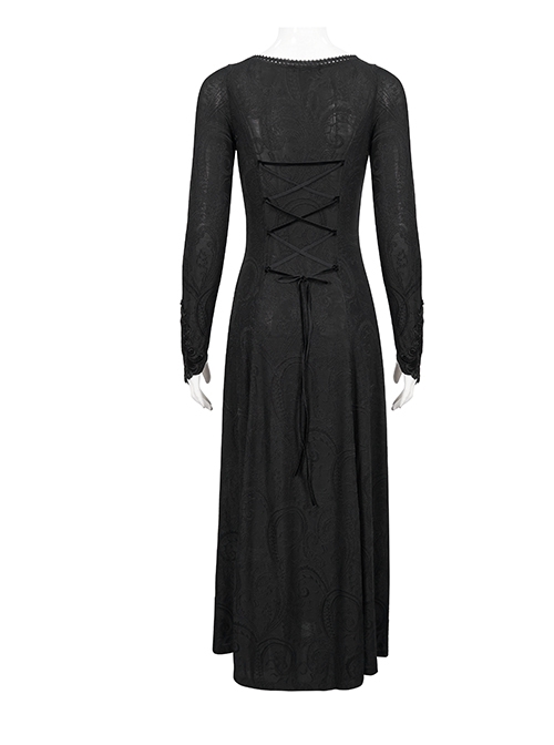 Gothic Style Elastic Dark Knitted Symmetrical Appliqué Lace Up On The Chest With Double-Breasted Black Long Sleeved Dress