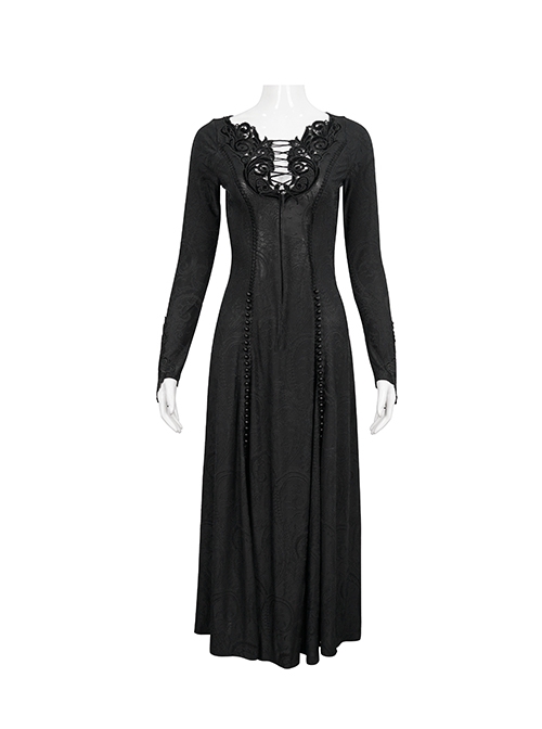 Gothic Style Elastic Dark Knitted Symmetrical Appliqué Lace Up On The Chest With Double-Breasted Black Long Sleeved Dress