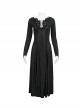 Gothic Style Elastic Dark Knitted Symmetrical Appliqué Lace Up On The Chest With Double-Breasted Black Long Sleeved Dress