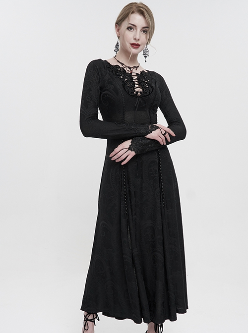 Gothic Style Elastic Dark Knitted Symmetrical Appliqué Lace Up On The Chest With Double-Breasted Black Long Sleeved Dress