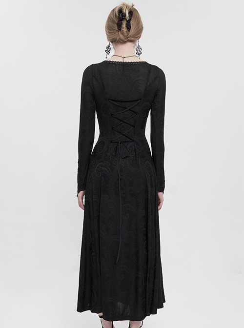 Gothic Style Elastic Dark Knitted Symmetrical Appliqué Lace Up On The Chest With Double-Breasted Black Long Sleeved Dress