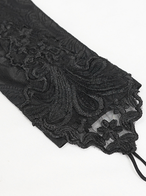 Gothic Style Elastic Dark Knitted Symmetrical Appliqué Lace Up On The Chest With Double-Breasted Black Long Sleeved Dress